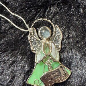 Stained Glass Angel Ornament"You Can Do Anything" Green Silver